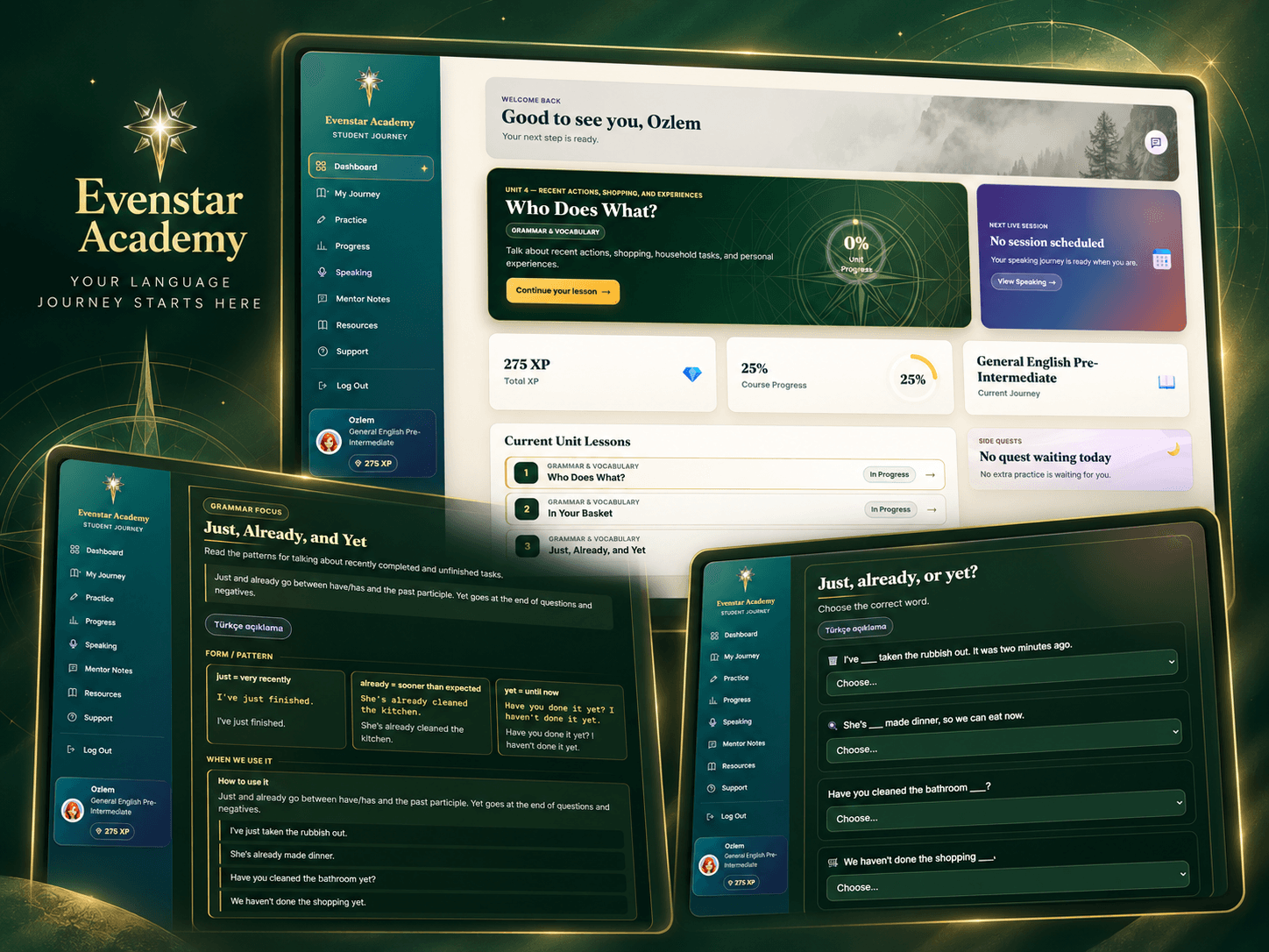 Collage of the Evenstar LMS dashboard and lesson interfaces